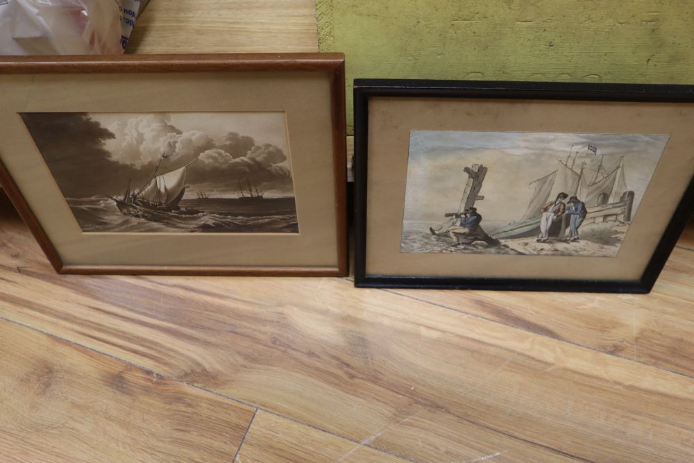 After J M W Turner, sepia watercolour, Dutch boats in a gale, 15 x 22cm and an 18th century watercolour of fisherfolk on the shore, 14
